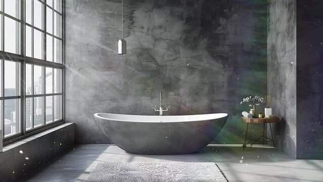 simple grey bathroom interior with bathtub on concrete floor. seamless looping overlay 4k virtual video animation background