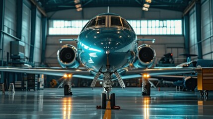 Business jet airplane is in airport hangar