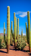 Resilience in Harsh Conditions: A Spectacle of Cacti Thriving in Arid Landscape Under a Clear Blue Sky