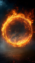 Flaming fire ring frame with smoke on dark background