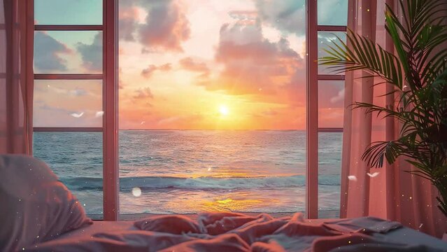 ocean sunset view from bedroom balcony for travel. seamless looping overlay 4k virtual video animation background