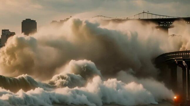 tsunami in new york city cinematic, film, moody, high resolution 