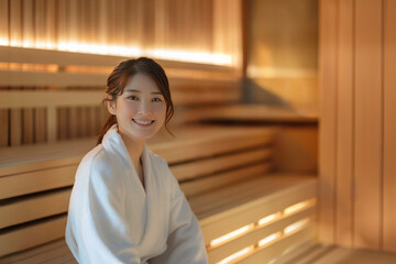 バスローブを着てホテルのスパのサウナ・スチームルームでカメラ目線で微笑む日本人女性(美人モデル)