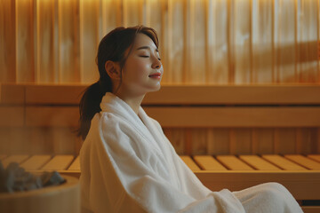 バスローブを着てホテルのスパのサウナ・スチームルームでリラックスする日本人女性(美人モデル) - obrazy, fototapety, plakaty