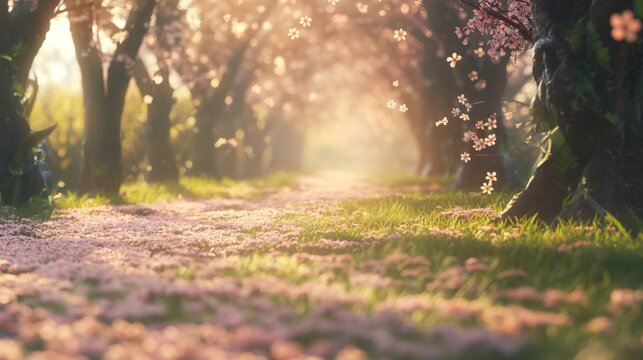 A cherry blossom walking path. Blossoming sakura trees in the light of the sun and sakura petals lie on the paths.