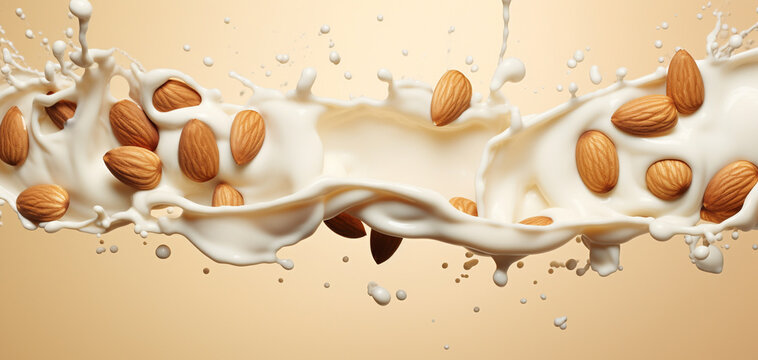 Almond flavored milk, splash with almonds, yellow background , copywriting space.