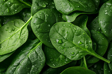 fresh green spinach leaves with water drops background