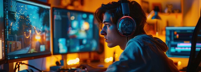 Portrait of young man in headphones playing video games at home