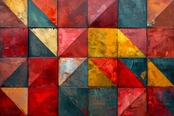 Abstract oil painting with geometric triangles in boho style in red and gold color