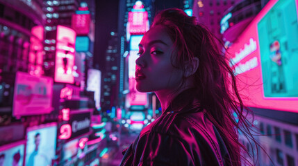 A woman stands in front of a neon sign in a city
