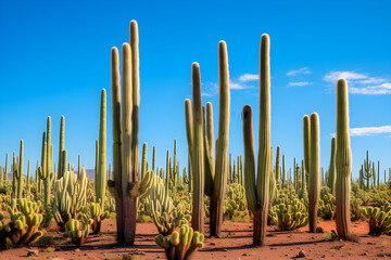 Resilience in Harsh Conditions: A Spectacle of Cacti Thriving in Arid Landscape Under a Clear Blue Sky