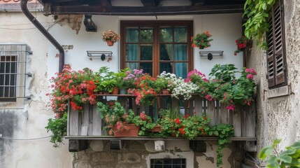 Fototapeta na wymiar Flowers in Flower pot hanging on on traditional Balcony Fence, Spring Beautiful Balcony Flowers on Sunset