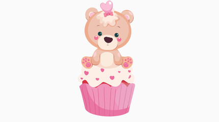 Cute baby girl teddy bear on top of cupcake Flat vector