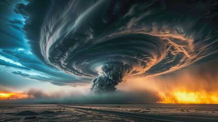 illustration of a tornado raging over a field landscape - obrazy, fototapety, plakaty