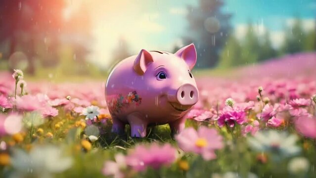 piggy bank with green grass, seamless looping video background animation	