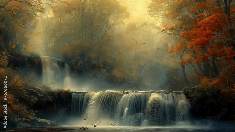 Poster a rushing river cascading over smooth rocks its soothing sound harmonizing with the chirping of bird