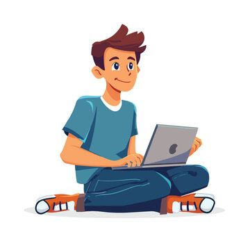 Guy seated with laptop cartoon vector illustration