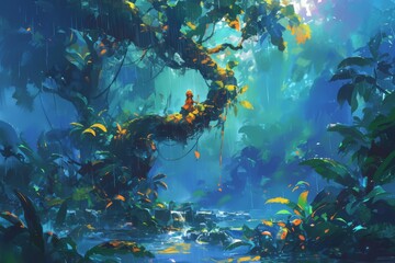 Fototapeta na wymiar Anime jungle background, nature, wallpaper