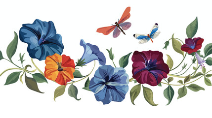 Decorative petunia flower with dragonfly vintage orna - obrazy, fototapety, plakaty