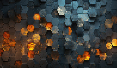 Abstract metallic texture hexagon pattern with glowing orange red flame on black grey background technology style. Modern futuristic honeycomb concept. - obrazy, fototapety, plakaty