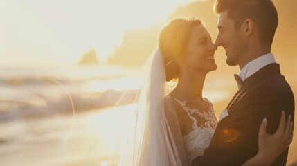 Happy bride and groom couple on wedding day on the beach