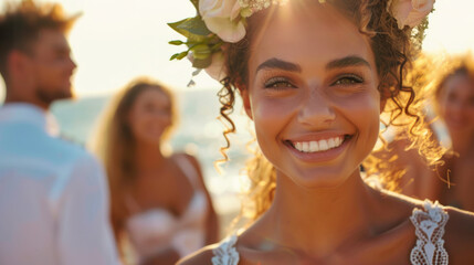 Portrait of a happy smiling caucasian woman bride in white dress on her wedding day on the beach with family , friends and sea view in background