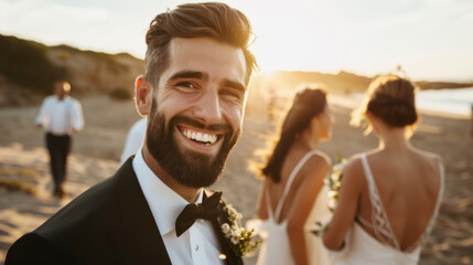 Portrait of a happy smiling caucasian man groom in suit on his wedding day on the beach with family , friends and sea view in background - obrazy, fototapety, plakaty