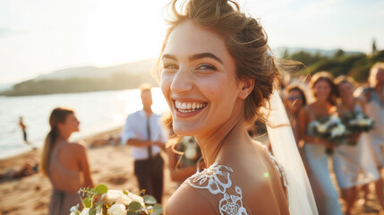 Fototapeta premium Portrait of a happy smiling caucasian woman bride in white dress on her wedding day on the beach with family , friends and sea view in background