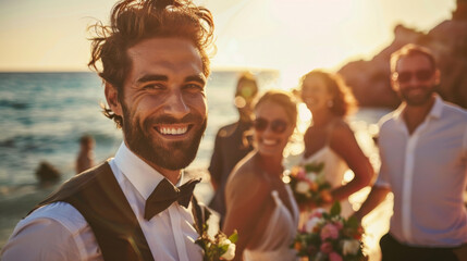 Portrait of a happy smiling caucasian man groom in suit on his wedding day on the beach with family , friends and sea view in background - Powered by Adobe