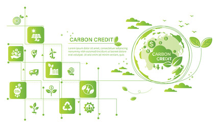 The concept of carbon credit with icons. Tradable certificate to drive industry and company to the direction of low emissions and carbon offset solution. Green vector illustration template.