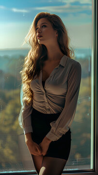 A photograph of a stunning tall female model, wearing office attire with a fitted miniskirt and black stockings, The outside view shows a serene nature landscape. 