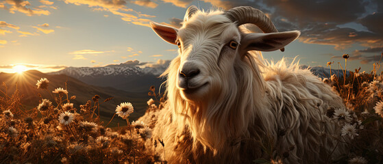 a goat that is standing in a field of flowers - obrazy, fototapety, plakaty