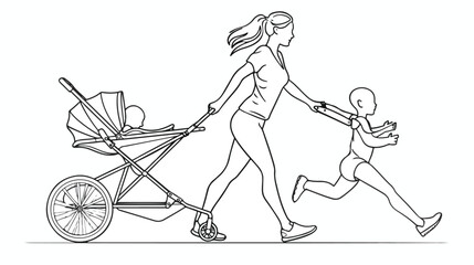 One continuous drawn line running with a stroller 