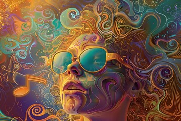 A goldenhaired creature wearing aviator glasses navigating a psychedelic landscape filled with floating musical notes
