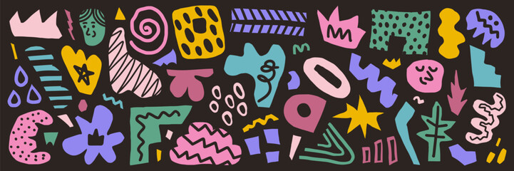 Abstract big set of colorful hand drawn various shapes, curls, forms and doodle objects. Modern vector illustration