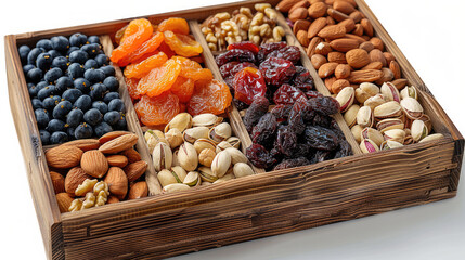 A nutritious gift box filled with a variety of healthy snacks such as nuts, dried fruits, Healthy Snack Gift Box. Generative AI.