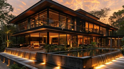 Modern Luxury Home Exterior at Sunset with Infinity Pool