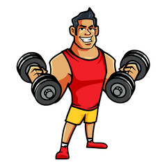 Cartoon muscular bodybuilder with dumbbells, vector, logo, cartoon, illustration, mascot, character