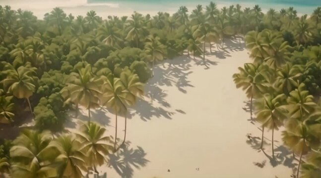 Aerial drone shot of a tropical beach in the style of cinematic video, shallow depth of field, subject in focus, dynamic movement