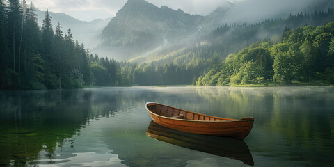 Empty boat in the middle of the lake surrounded by forest on mountains background - Powered by Adobe