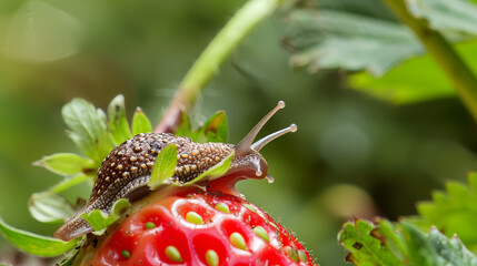 A slug crawls through a strawberry close-up.
