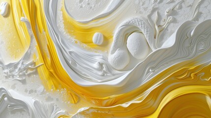 Wave of yellow and white oil brush hand drawn stroke. Abstract varnish splash trace shape. Glossy...
