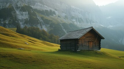 Obraz premium old wooden hut cabin in mountain alps at rural fall landscape