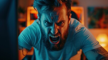 Fototapeta premium Mad male worker lose temper scream loudly having computer problems or virus attack, furious man shout experience laptop breakdown or data loss while working