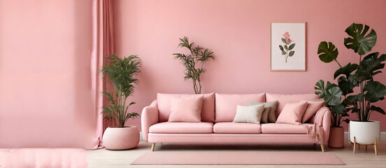 Gallery of posters on empty white wall of bright living room interior with pastel pink settee generative by ai..