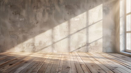 Empty wall and wooden floor with glare from the window. 