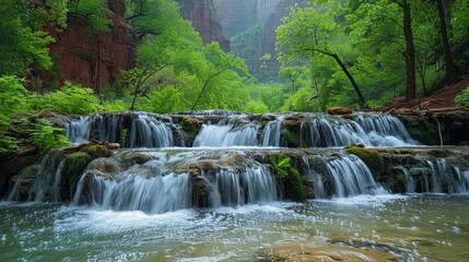  red rock cliff wall with waterfalls in the lush green