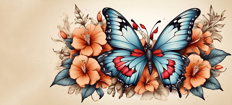 a blue butterfly sitting on top of a pink and white flower arrangement with a white background and a pink and orange flower in the center. generative ai