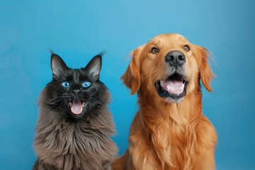  Happy Golden retriever dog and blue Maine Coon cat looking at camera, Isolated on blue background