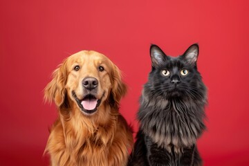  Golden retriever dog and blue Maine Coon cat looking at camera, Isolated on red background, copy space
